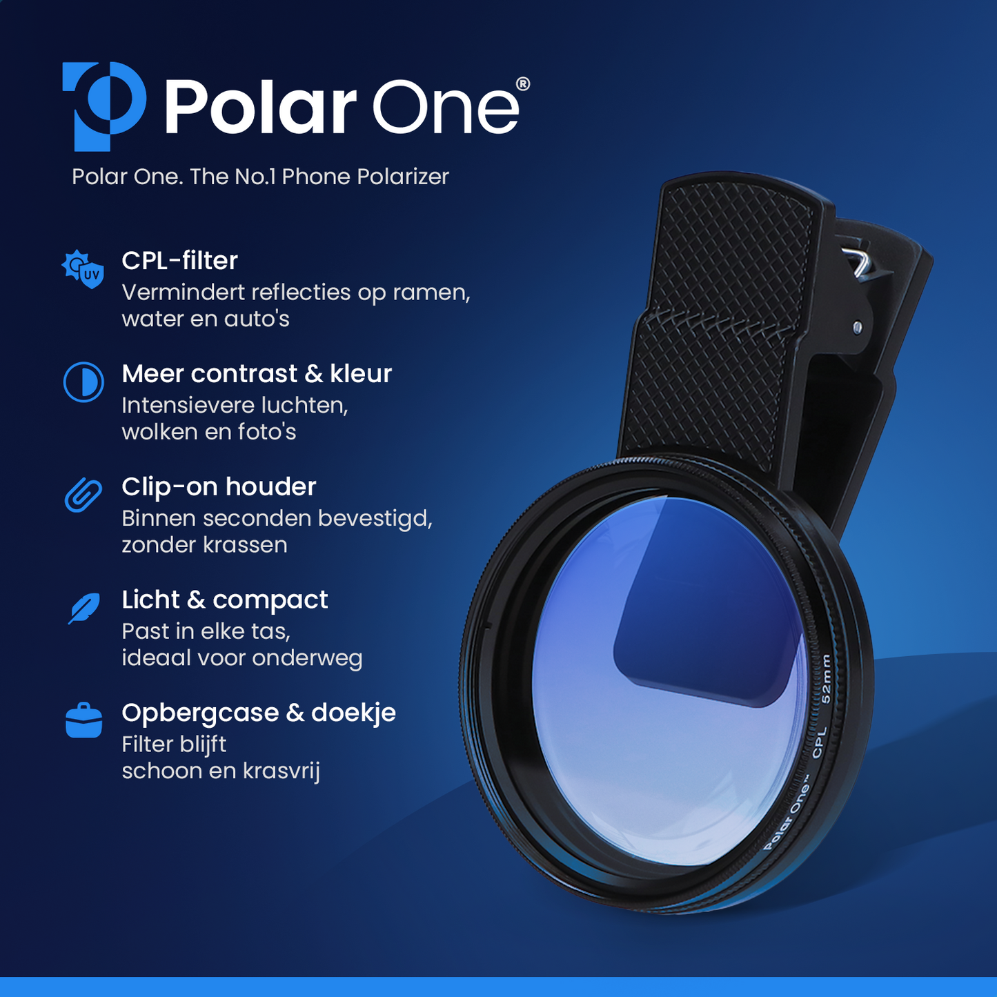 Polar One® Pro CPL Click-On Set – Smartphone Polarisatie Filter + Schoonmaakpen