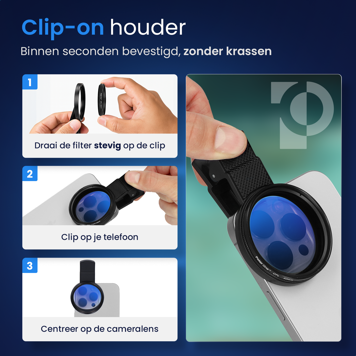 Polar One® Pro CPL Click-On Set – Smartphone Polarisatie Filter + Schoonmaakpen